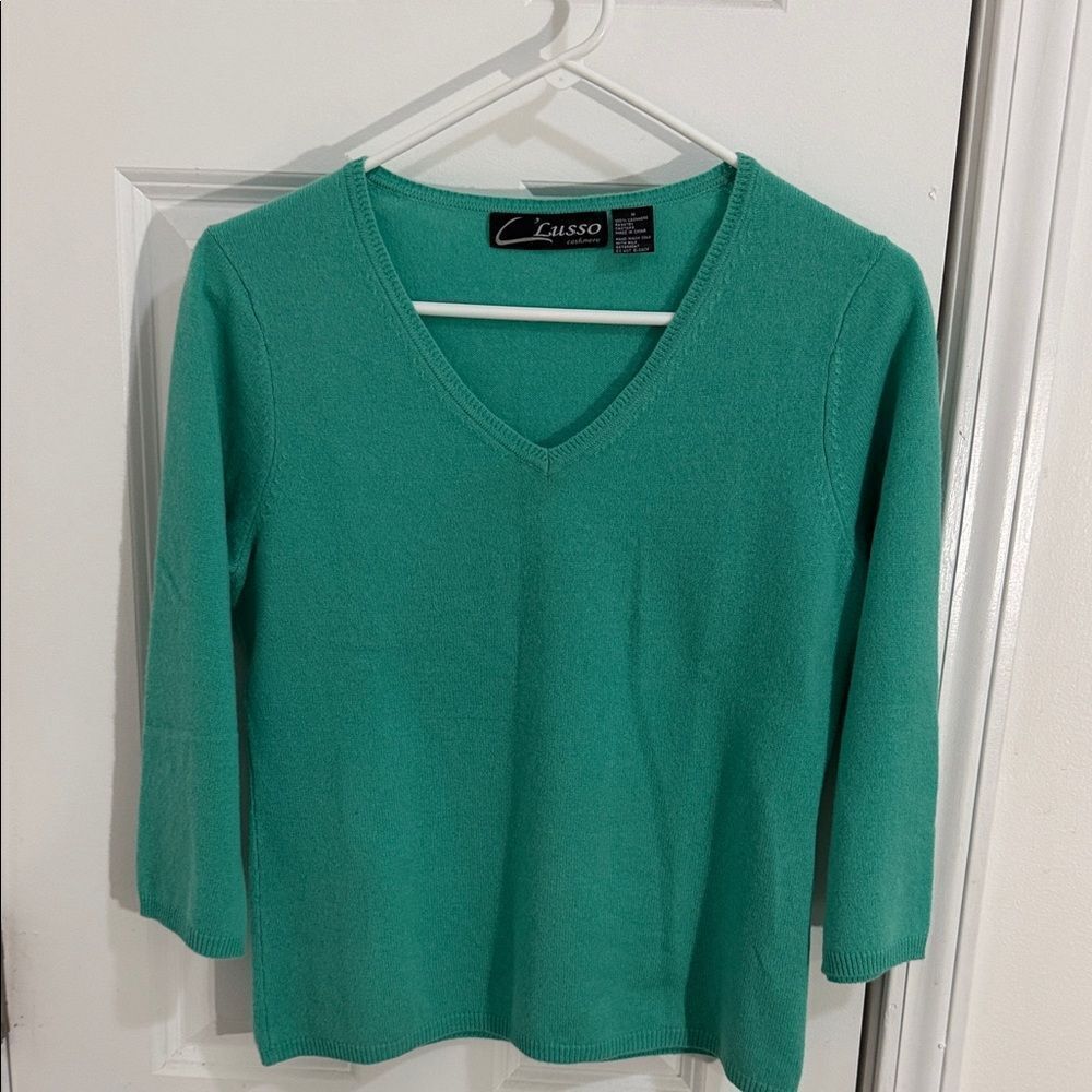 Lusso Women's 100% Cashmere Teal V-Neck Sweater Size Medium